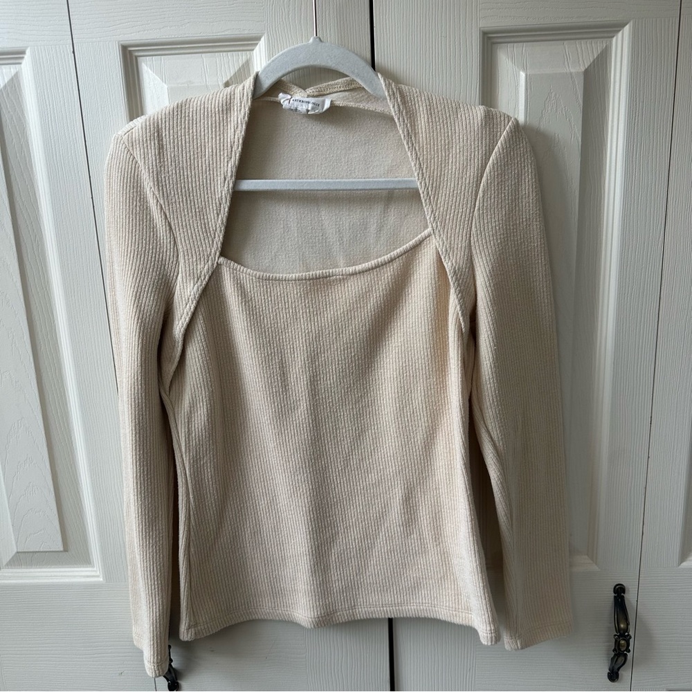 Anthropologie Cream Ribbed Square Neck Babydoll Pullover Sweater Womens Size M